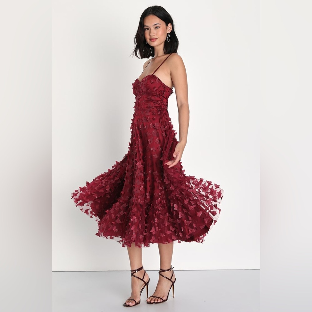 Lulu’s Time To Fly Butterfly Midi Dress Size Small Burgundy Romantic Feminine